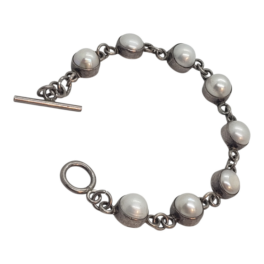 Vintage Sterling Silver 925 Genuine Pearl Bezel Link Chain Toggle Bracelet
